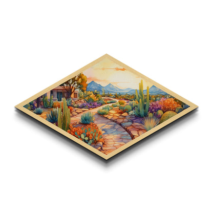 Southwest Garden Retreat Diamond Shaped Canvas Art Print desert botanical cacti and succulents colorful landscape art decor accent