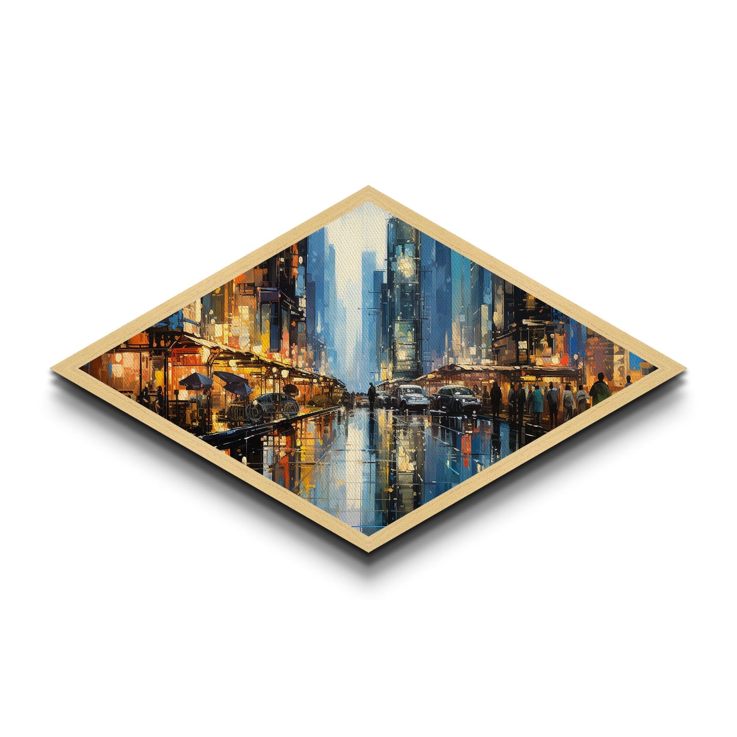 City Street Buzz Diamond Shaped Canvas Embossed Print rainy night urban scene bright lights pedestrians modern cityscape wall decor