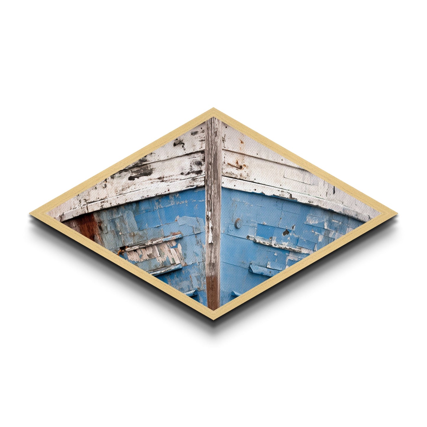 Chipped Boat Nostalgia Diamond Shaped Canvas Embossed Print rustic nautical decor blue white boat hull worn texture seaside wall piece