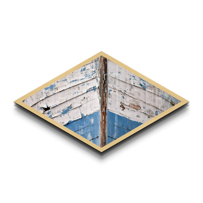 Distressed Vessel Edge Diamond Shaped Canvas Art Print coastal ship hull rustic weathered nautical marine decor blue tones boatfront