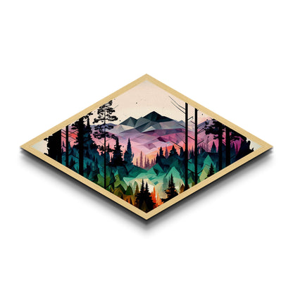 Polygonal Peaks View – Diamond Shaped Geometric Mountain Landscape Canvas Art Print, Nature Forest Sunrise Wall Accent