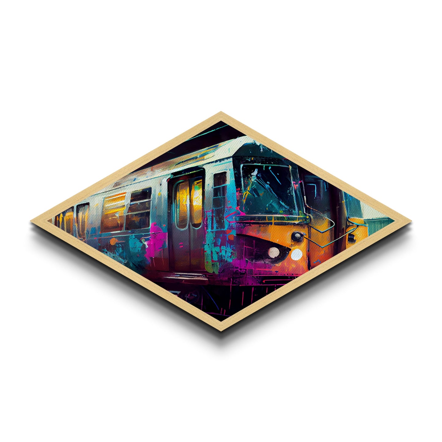 Color Splashed Metro – Diamond Shaped Street Art Subway Canvas Embossed Print, Vibrant Urban Train Graffiti Home Accent