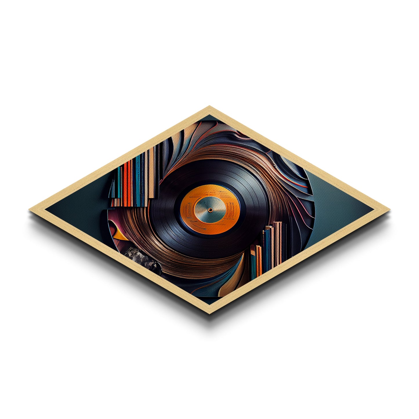 Vinyl Whirl Swirl – Diamond Shaped Retro Record Canvas Art Print, Music Room Decor with Bookshelf Turntable Vibe