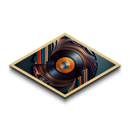 Vinyl Whirl Swirl – Diamond Shaped Retro Record Canvas Art Print, Music Room Decor with Bookshelf Turntable Vibe