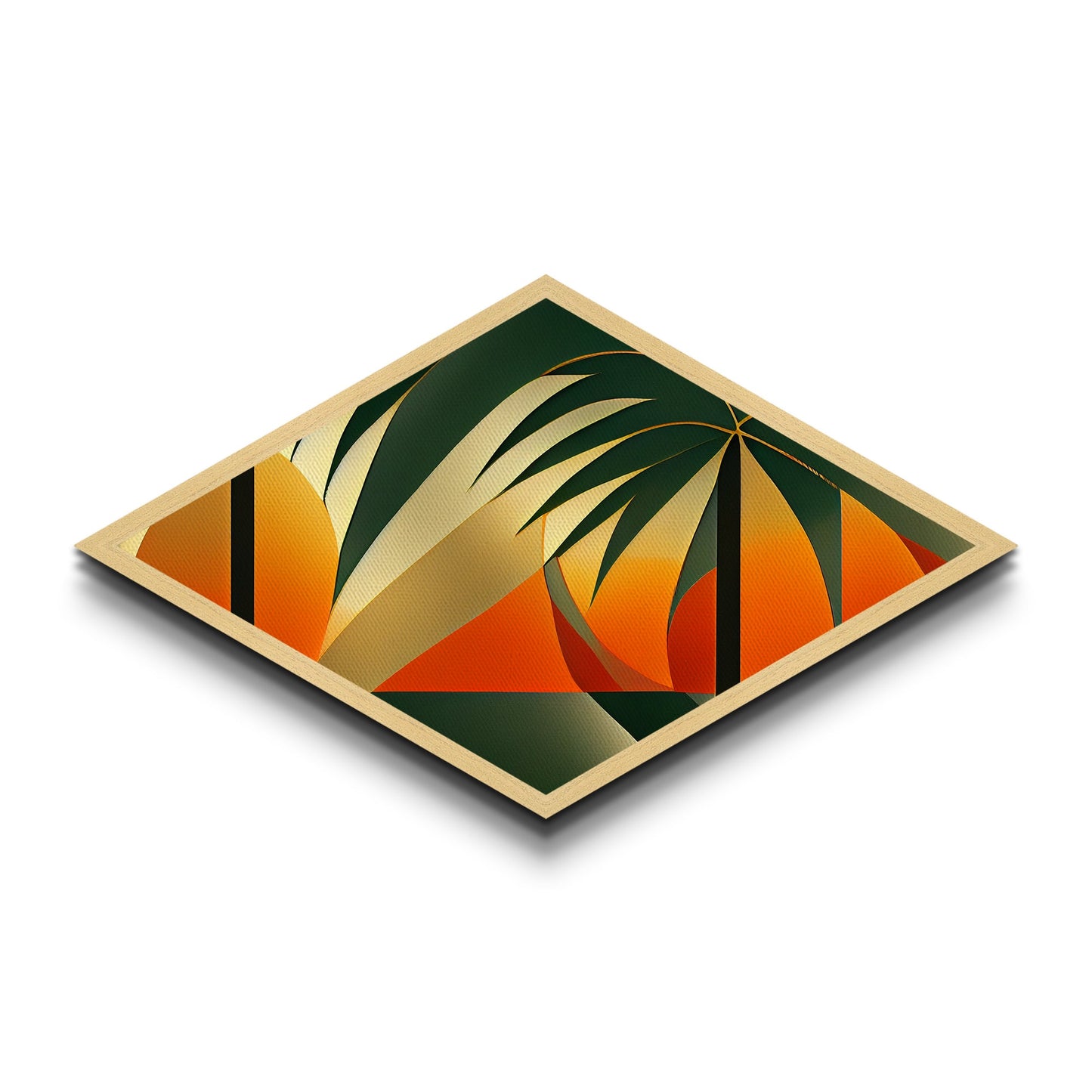 Diamond Shaped Palm Horizon — Tropical Abstract Retro Sunset Canvas Embossed Print, Geometric Island Decor, Bold Beach Theme
