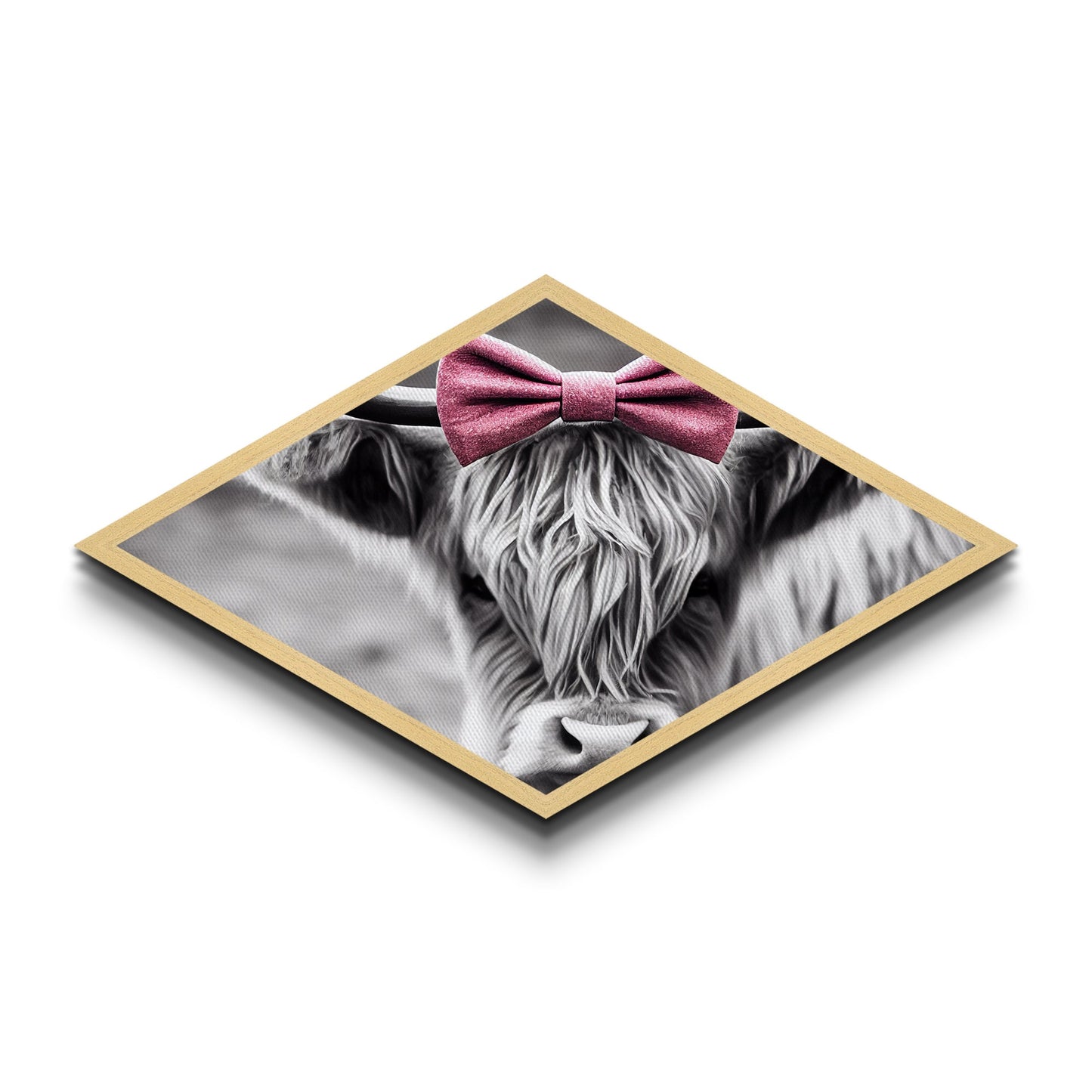 Diamond Shaped Cow Glance — Monochrome Highland Cow Canvas Textured Print, Farm Wall Decor, Whimsical Animal Art with Bow