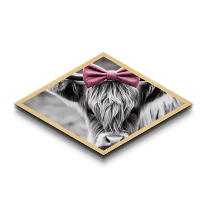 Diamond Shaped Cow Glance — Monochrome Highland Cow Canvas Textured Print, Farm Wall Decor, Whimsical Animal Art with Bow