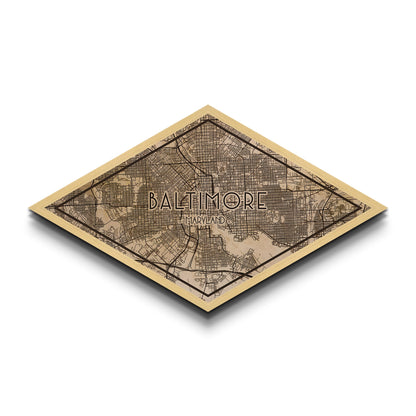 Baltimore Diamond Shaped City Map, Custom Diamond Shaped Wall Art, City Map Canvas