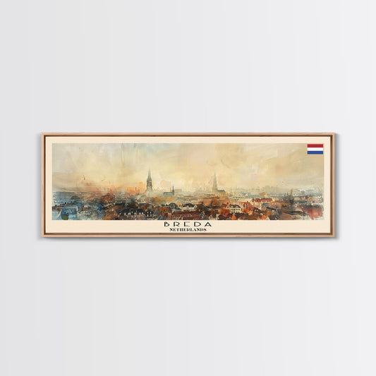 Breda Netherlands Panoramic Travel Poster, Framed Canvas Print or Metal Wall Art, Travel Art, Home Decor, Panoramic Painting, Midcentury Art