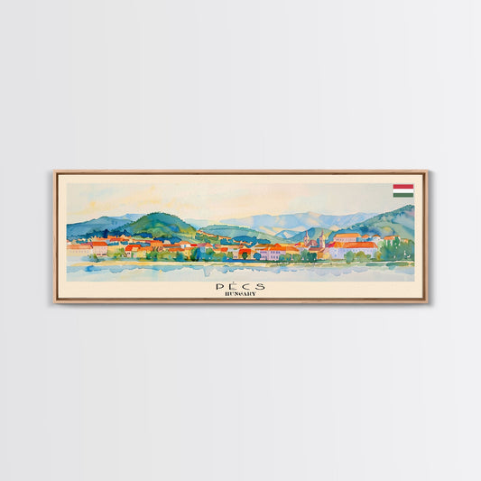 Pécs Hungary Panoramic Travel Poster, Framed Canvas Print or Metal Wall Art, Travel Art, Home Decor, Panoramic Painting, Midcentury Art