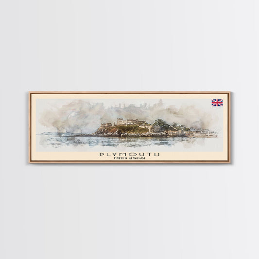 Plymouth United Kingdom Panoramic Travel Poster, Framed Canvas Print or Metal Wall Art, Travel Art, Home Decor, Panoramic Painting, Midcentury Art