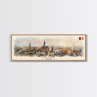 Mons Belgium Panoramic Travel Poster, Framed Canvas Print or Metal Wall Art, Travel Art, Home Decor, Panoramic Painting, Midcentury Art