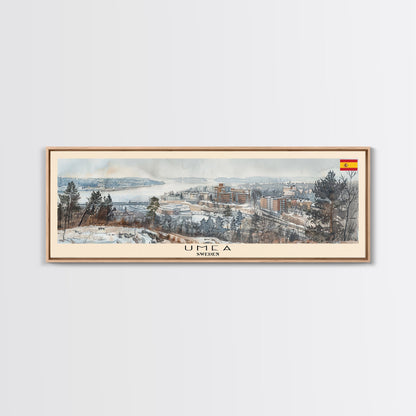 Ume Sweden Panoramic Travel Poster, Framed Canvas Print or Metal Wall Art, Travel Art, Home Decor, Panoramic Painting, Midcentury Art