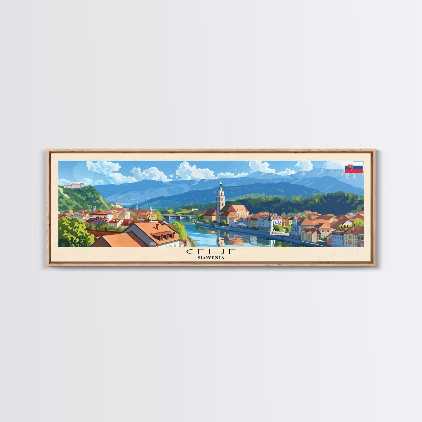 Celje Slovenia Panoramic Travel Poster, Framed Canvas Print or Metal Wall Art, Travel Art, Home Decor, Panoramic Painting, Midcentury Art