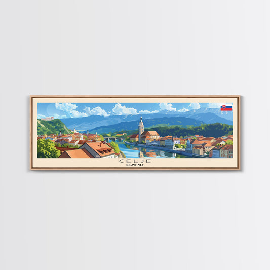 Celje Slovenia Panoramic Travel Poster, Framed Canvas Print or Metal Wall Art, Travel Art, Home Decor, Panoramic Painting, Midcentury Art