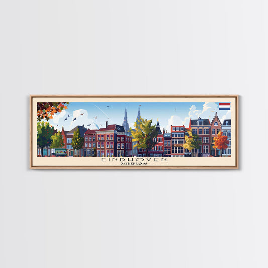 Eindhoven Netherlands Panoramic Travel Poster, Framed Canvas Print or Metal Wall Art, Travel Art, Home Decor, Panoramic Painting, Midcentury Art