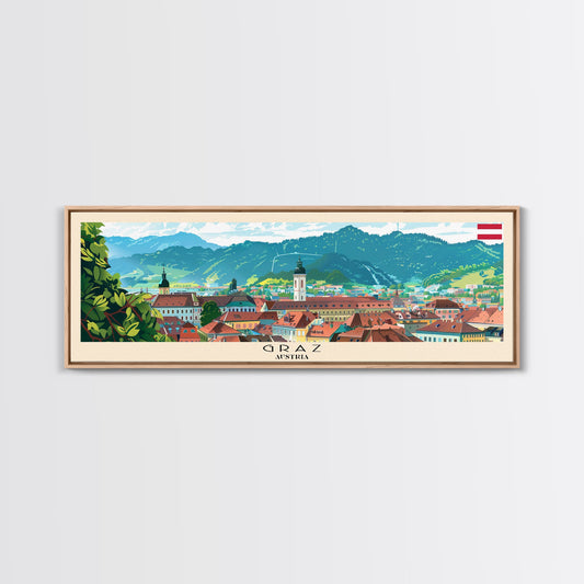 Graz Austria Wall Art, Panoramic Travel Poster, Panoramic Framed Canvas Print, City Wall Art, Wall Hanging Home Decor, Travel Art