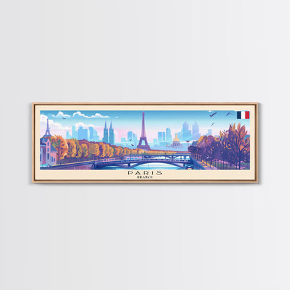 Paris France Panoramic Travel Poster, Framed Canvas Print or Metal Wall Art, Travel Art, Home Decor, Panoramic Painting, Midcentury Art