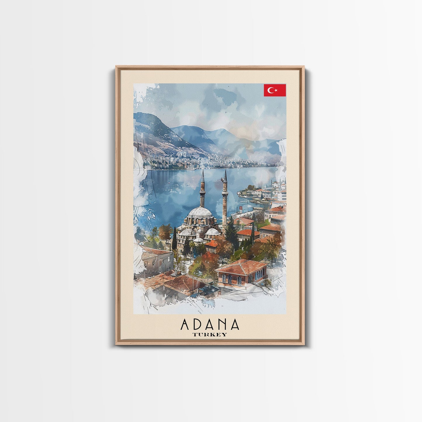 Majestic Adana Turkey Mosque View, Framed Canvas Print, Ideal for Living Room Art, Cultural Decor, Home Decoration