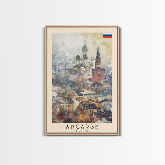 Beautiful Angarsk Skyline, Framed Canvas Print, Unique Travel Poster Art, Living Room Wall Decor, Minimalist Style, Watercolor Painting