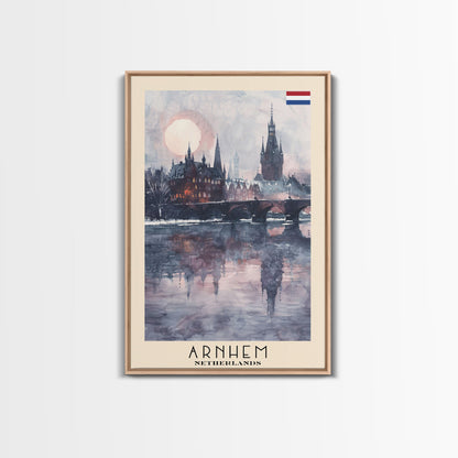 Arnhem Netherlands Travel Poster Framed Canvas Print, Wall Art, Home Decor, Vacation Print, Watercolor Painting, Cityscape Art