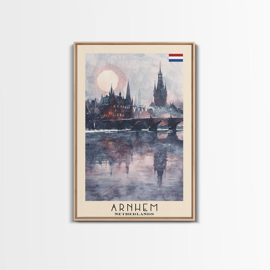 Arnhem Netherlands Travel Poster Framed Canvas Print, Wall Art, Home Decor, Vacation Print, Watercolor Painting, Cityscape Art