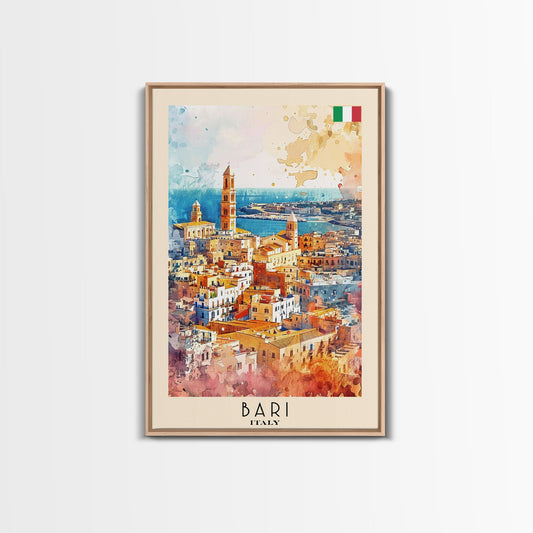 Bari Italy Travel Poster Framed Canvas Print, Wall Art, Home Decor, Watercolor Painting, Vacation Gift, Minimalist Art