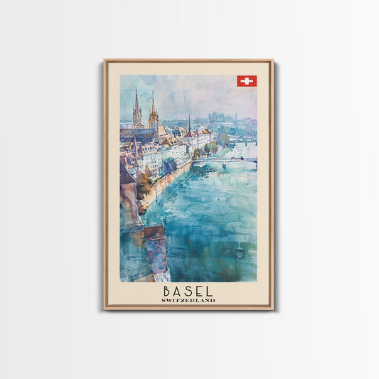 Basel Switzerland Travel Poster Framed Canvas Print, Wall Art, Home Decor, Watercolor Painting, Vacation Gift, Minimalist Art