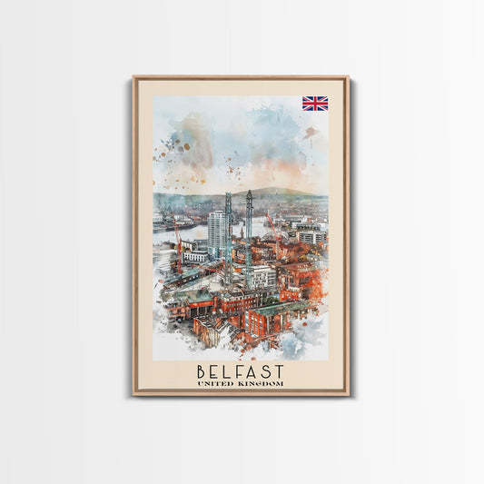 Belfast United Kingdom Travel Poster Framed Canvas Print, Wall Art, Living Room Art, Watercolor Painting, Original Art