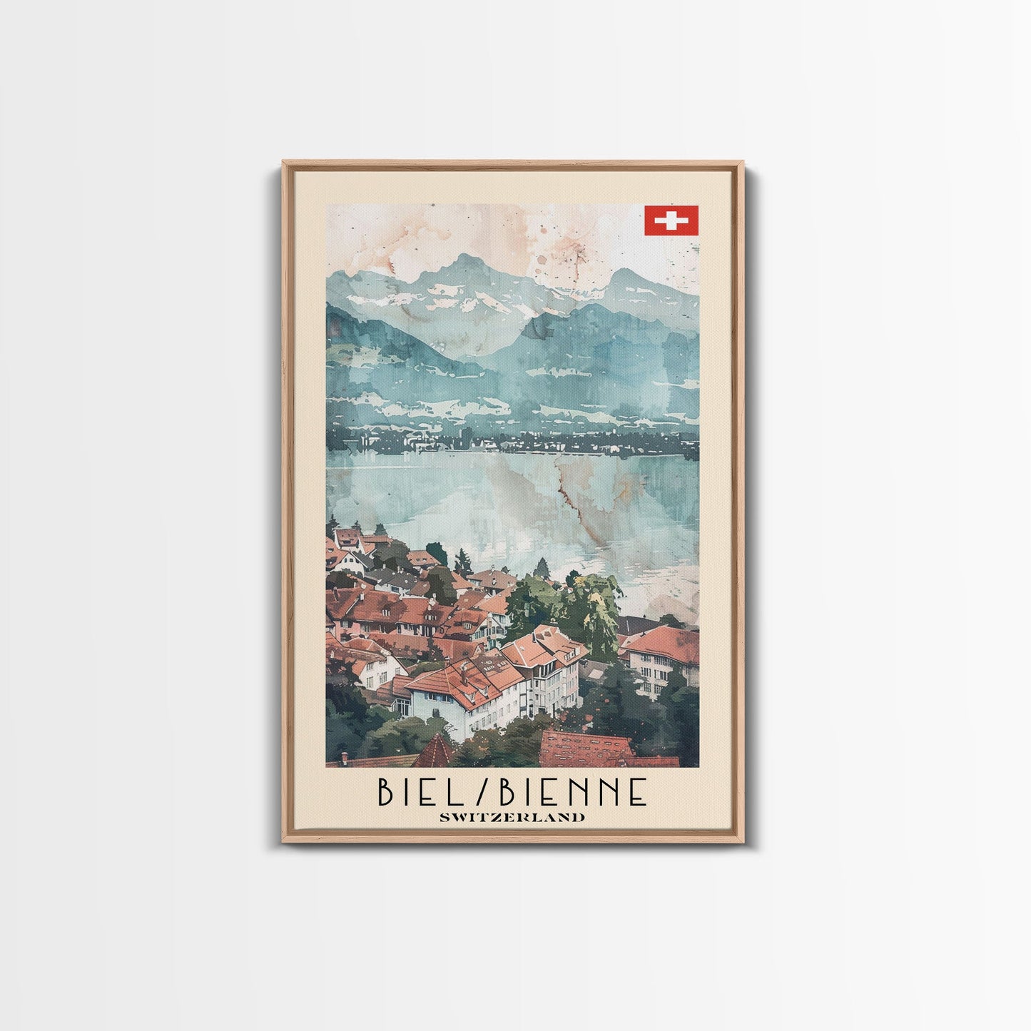 Biel/Bienne Switzerland Travel Poster Framed Canvas Print, Watercolor Painting, Wall Art, Home Decor, Scenic Travel Print