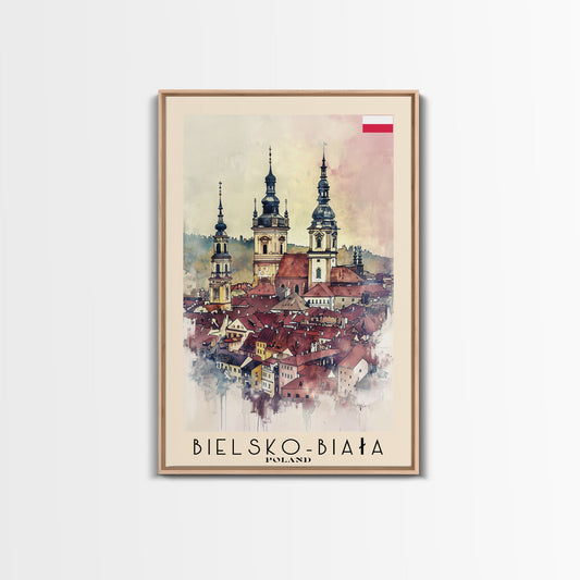 Bielsko-Biała Poland Travel Poster Framed Canvas Print, Watercolor Painting, Wall Art, Home Decor, Travel Print, Historic Cityscape