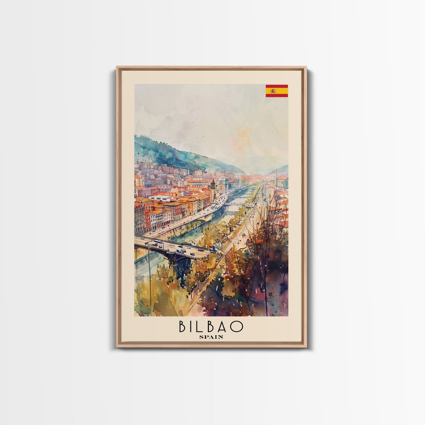 Bilbao Spain Travel Poster Framed Canvas Print, Watercolor Painting, Wall Art, Home Decor, Scenic Travel Print, Cityscape Art