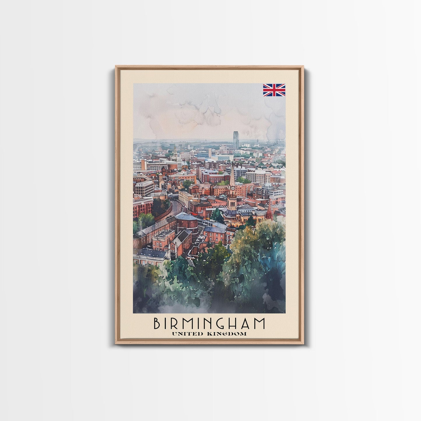 Birmingham United Kingdom Travel Poster Framed Canvas Print, Watercolor Art, Home Decor, Wall Art, Travel Print, Cityscape Art