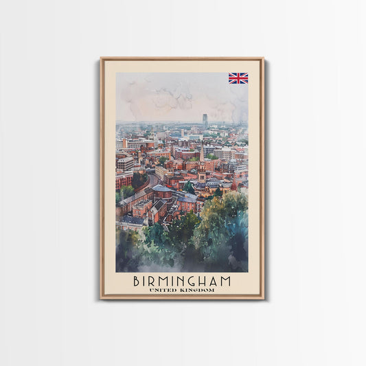 Birmingham United Kingdom Travel Poster Framed Canvas Print, Watercolor Art, Home Decor, Wall Art, Travel Print, Cityscape Art