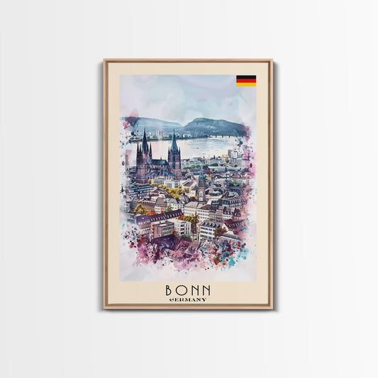 Bonn Germany Travel Poster Framed Canvas Print, Wall Art, Home Decor, Travel Print, River View, Watercolor Painting, Original Art