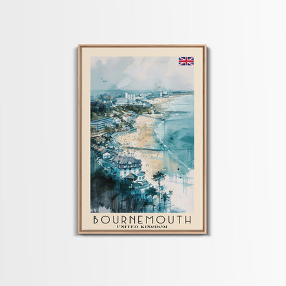 Bournemouth United Kingdom Travel Poster Framed Canvas Print, Wall Art, Home Decor, Travel Print, Beach View, Watercolor Art