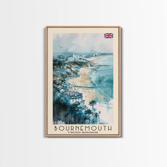 Bournemouth United Kingdom Travel Poster Framed Canvas Print, Wall Art, Home Decor, Travel Print, Beach View, Watercolor Art