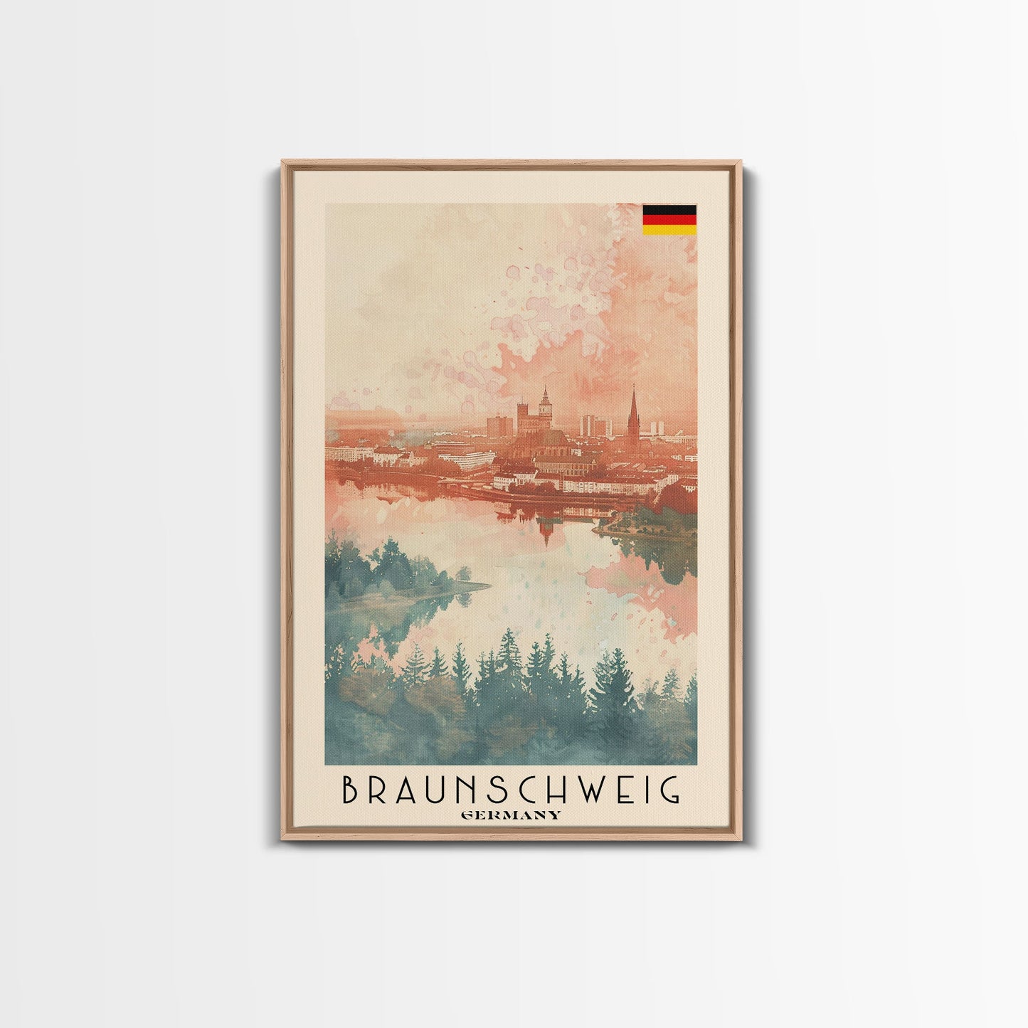 Braunschweig Germany Travel Poster Framed Canvas Print, Cityscape Art, Wall Decor, Travel Print, Watercolor Painting, Urban Scene Art