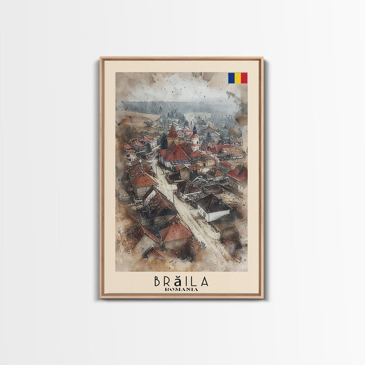 Brăila Romania Travel Poster Framed Canvas Print, Cityscape Art, Wall Decor, Travel Print, Watercolor Painting, Rustic Scene Art