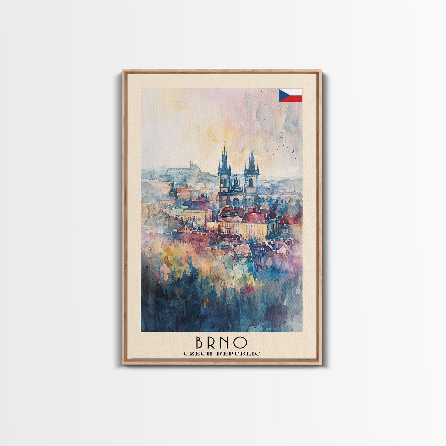 Brno Czech Republic Travel Poster Framed Canvas Print, Cityscape Art, Wall Decor, Travel Print, Watercolor Painting, Boho Style Art