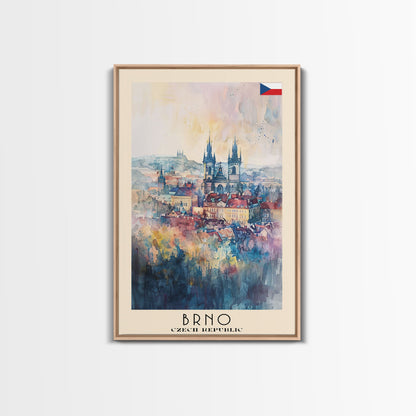 Brno Czech Republic Travel Poster Framed Canvas Print, Cityscape Art, Wall Decor, Travel Print, Watercolor Painting, Boho Style Art