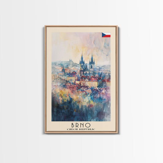 Brno Czech Republic Travel Poster Framed Canvas Print, Cityscape Art, Wall Decor, Travel Print, Watercolor Painting, Boho Style Art