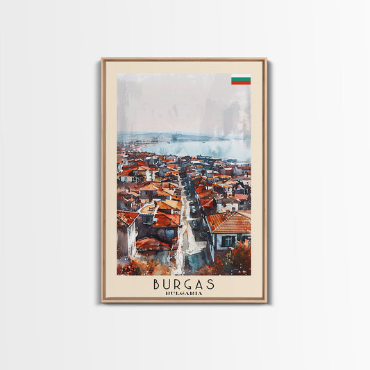 Burgas Bulgaria Travel Poster Framed Canvas Print, Coastal Cityscape, Watercolor Painting, Wall Art, Home Decor, Minimalist Travel Print, Urban Scene
