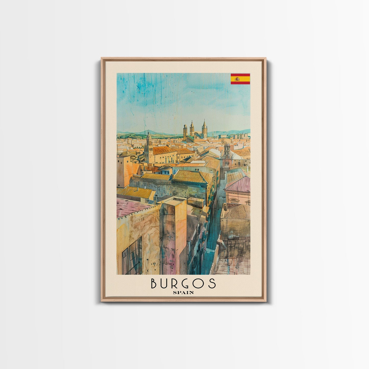 Burgos Spain Travel Poster Framed Canvas Print, Watercolor Cityscape, Wall Art, Home Decor, Living Room Art, Travel Print, Boho Style, Art Piece
