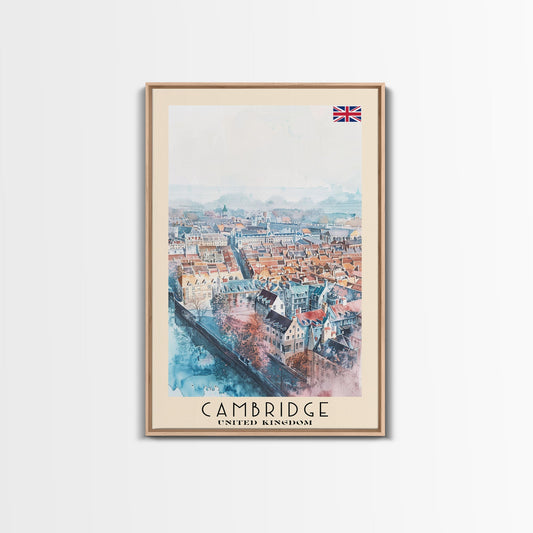 Cambridge United Kingdom Travel Poster Framed Canvas Print, Wall Art, Home Decor, Travel Print, Vacation Gift, Watercolor Painting, Original Art