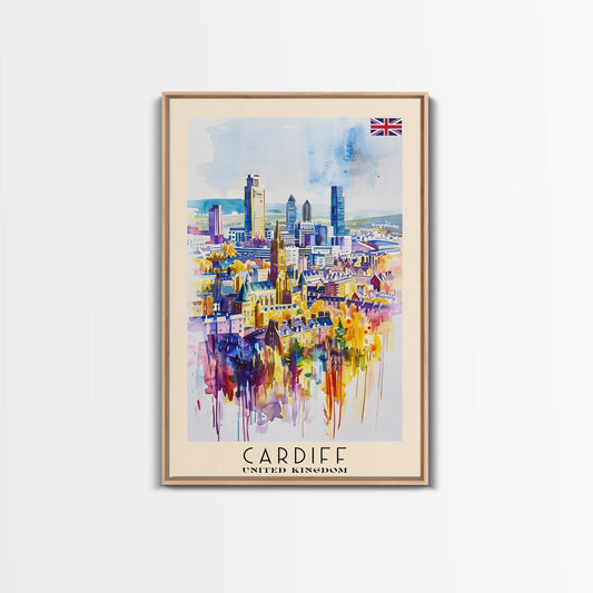 Cardiff United Kingdom Travel Poster Framed Canvas Print, Wall Art, Home Decor, Travel Print, Vacation Gift, Watercolor Painting, Original Art