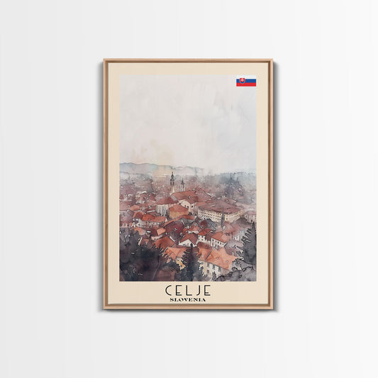 Celje Slovenia Travel Poster Framed Canvas Print, Wall Art, Home Decor, Travel Print, Vacation Gift, Watercolor Painting, Original Art