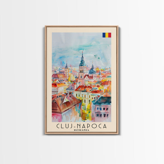 Cluj-Napoca Romania Travel Poster Framed Canvas Print, Wall Art, Home Decor, Travel Print, Boho Watercolor Painting, Original Art