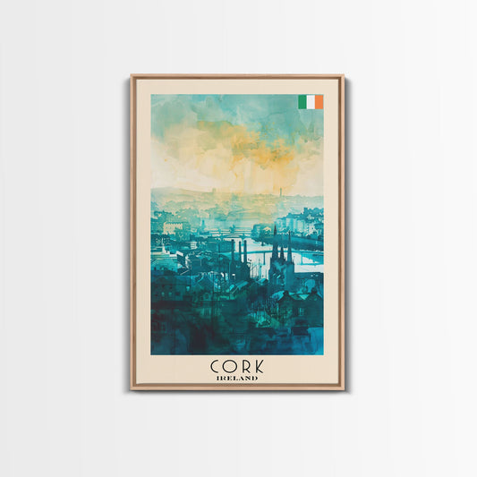 Cork Ireland Watercolor Travel Poster, Framed Canvas Print, Cityscape Wall Art, Home Decoration, Living Room Decor, Original Artwork, Travel Print