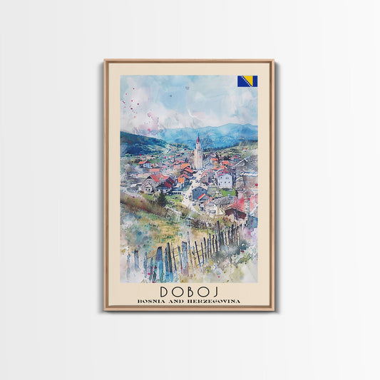 Doboj Bosnia and Herzegovina Countryside Framed Canvas Print, Watercolor Travel Poster, Bosnian Scenic Art, Cozy Home Decor, Rustic Wall Art, Living Room Decor